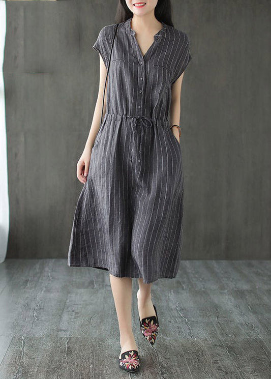 Slim Fit Grey V Neck Button Drawstring Striped Linen Dresses Short Sleeve