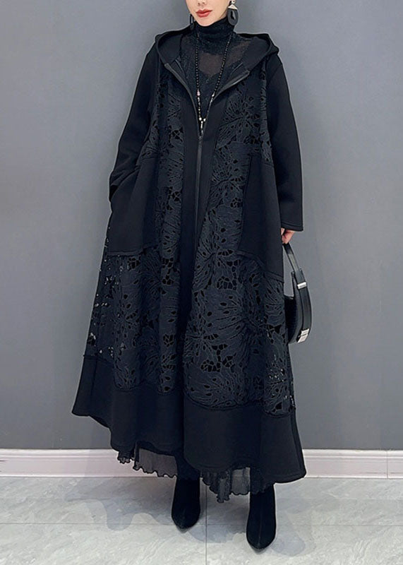 Black Pockets Hollow Out Maxi Hooded Trench Coats Long Sleeve Fall