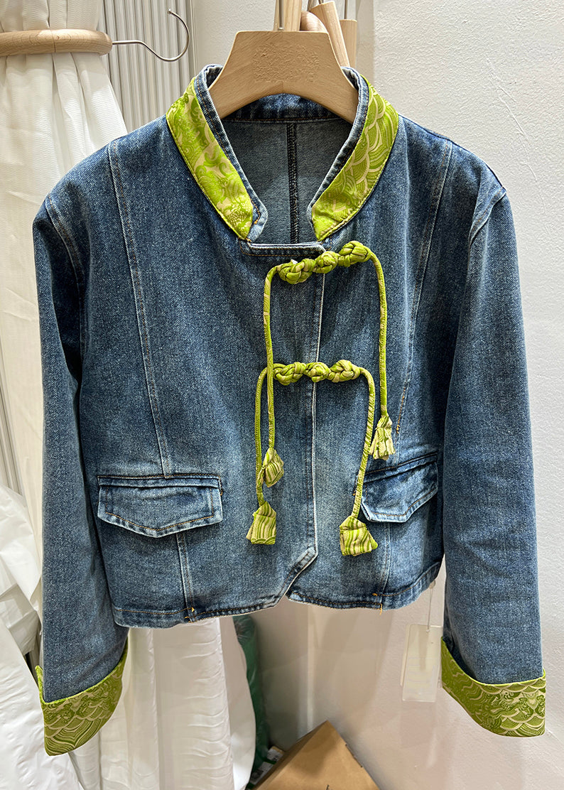 Green Stand Collar Chinese Button Denim Coat Spring