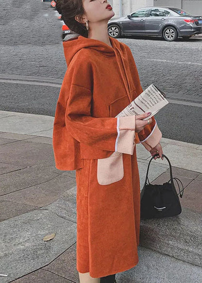 Orange Drawstring Patchwork Pullover and Crop Pants Two Pieces Set Long Sleeve