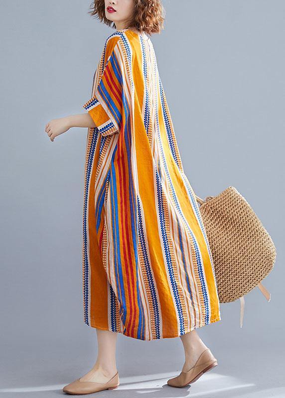 Orange Cashews O-neck Striped Summer Cotton Maxi Dresses