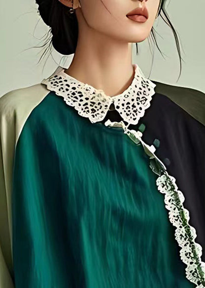 Blackish Green Peter Pan Collar Hollow Out Linen Blouse Long Sleeve