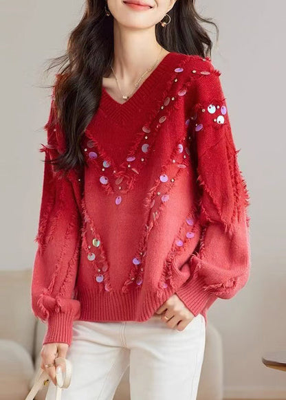 Red Gradient V Neck Tassel Sequins Knit Sweater Tops Spring