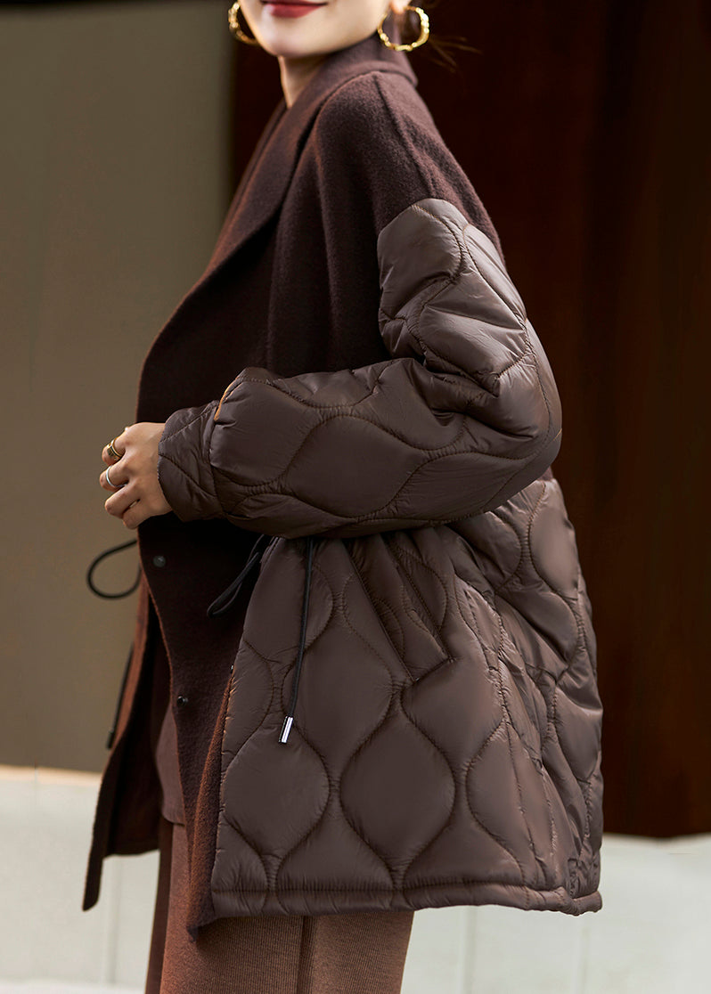 Coffee Drawstring Pockets Patchwork Cotton Filled Coat Spring