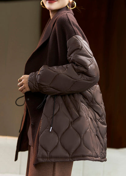 Coffee Drawstring Pockets Patchwork Cotton Filled Coat Spring