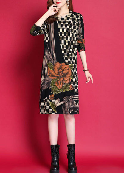 Black O-neck Print Woolen Knitwear Dress Fall