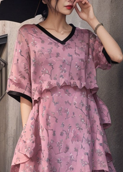 Italian Pink Ruffled Print Cotton Long Dresses Summer