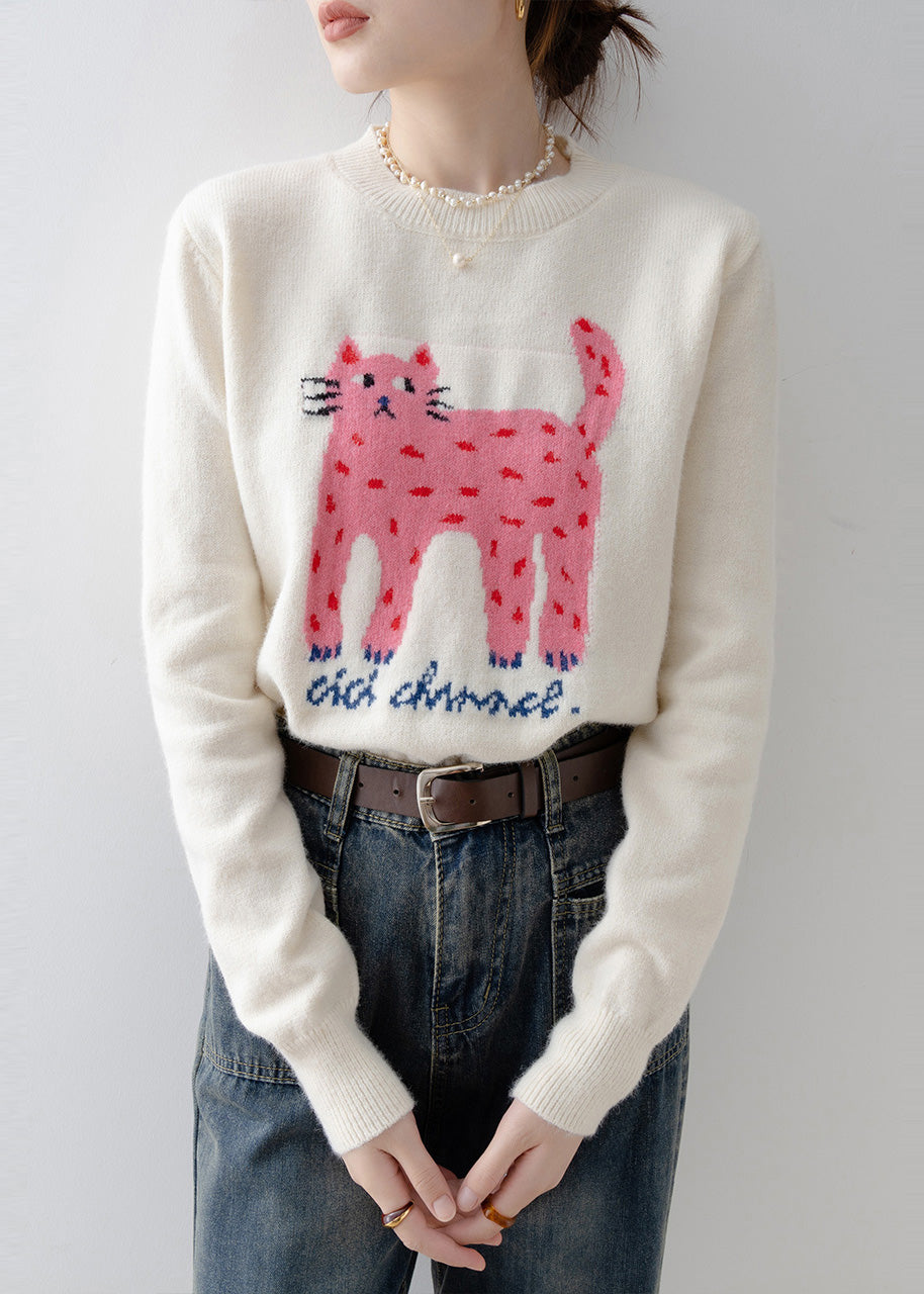 White Cat Jacquard Thick Sweater Tops Winter