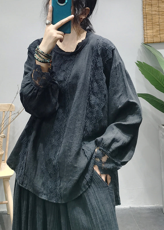 Handmade Purple O-neck Back Buckle Lace Patchwork Linen Top Long Sleeve