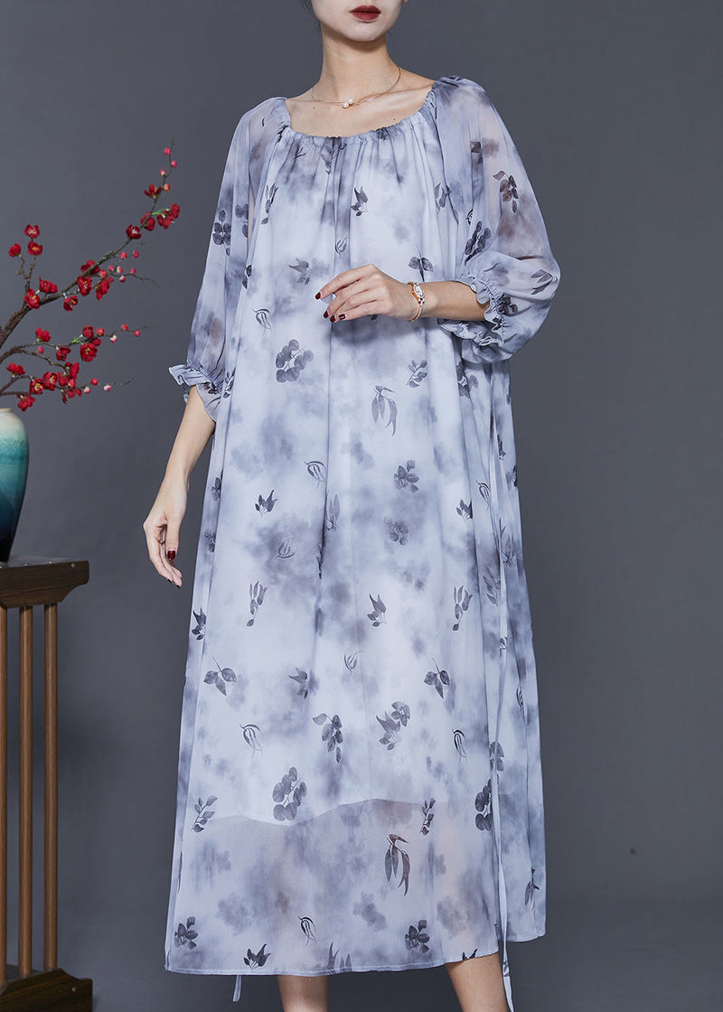 Grey Print Tie Dye Chiffon Long Dress Half Sleeve