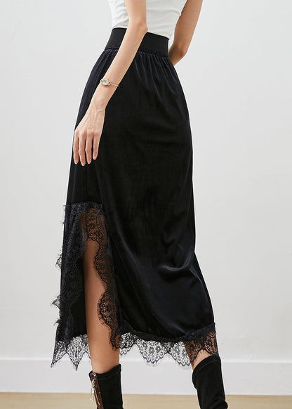 Black Lace Patchwork Side Open Silk Velour Skirts Fall