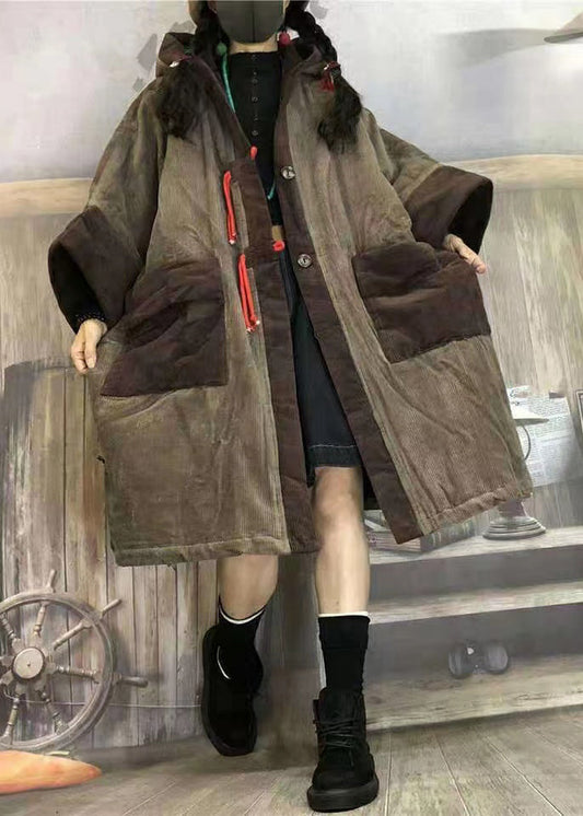 Camel Hooded Pockets Patchwork Corduroy Warm Fleece Coat Winter