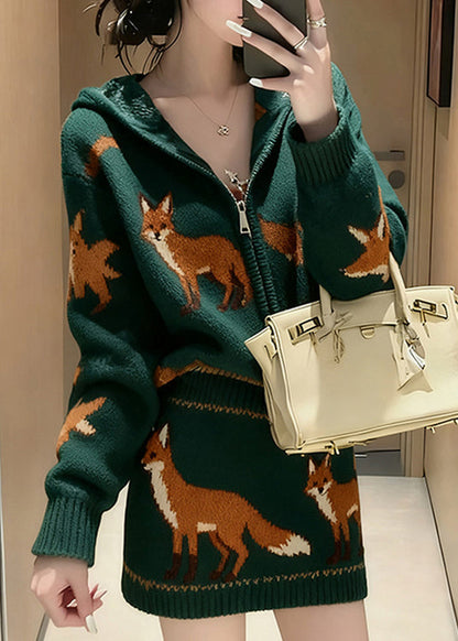 Korean Two Piece Set Green Knitted Jacquard Top and Skirt Winter
