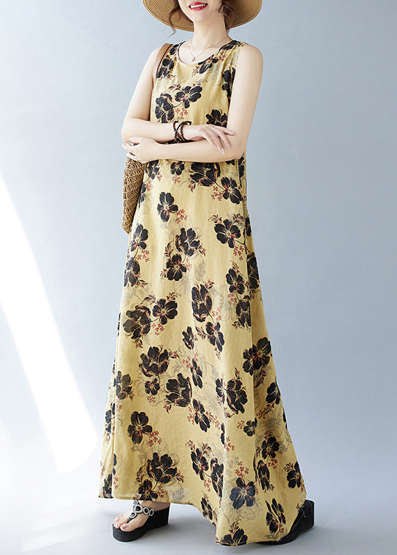 Yellow Oversized Print Cotton Dresses Sleeveless