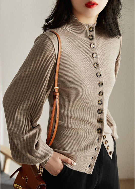 Dark Gray O-neck Button Woolen Cardigans Long Sleeve