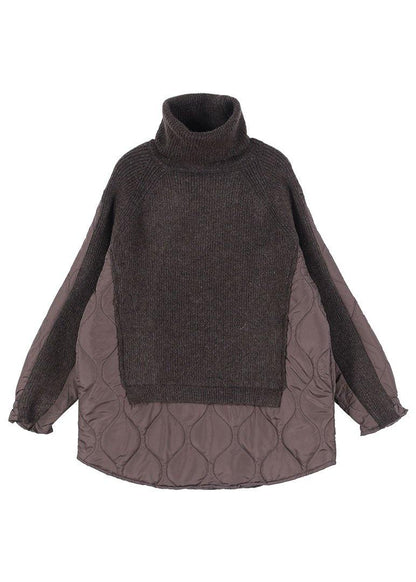 Chocolate Knitted High Neck Combed Rhombic Plaid Cotton Sweater