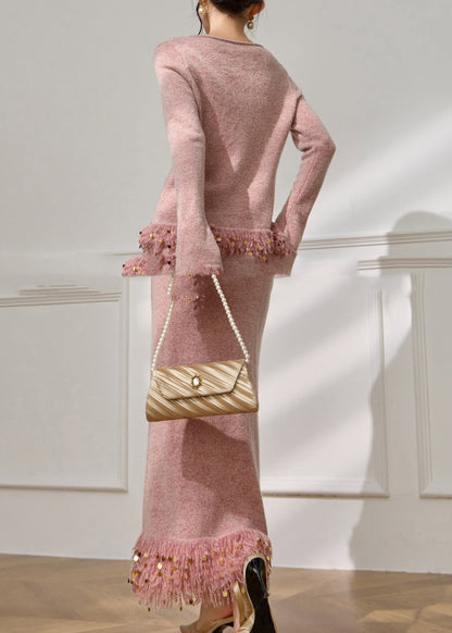French Pink Sequins Patchwork Tassel Cotton Knit Sweater and Maxi Skirts Two Pieces Set Flare Sleeve