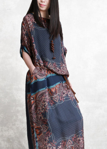 O-neck Print Patchwork Pockets Tie Waist Chiffon Dresses Short Sleeve