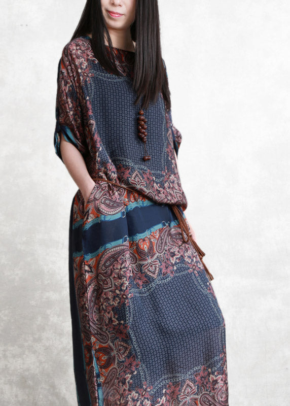 O-neck Print Patchwork Pockets Tie Waist Chiffon Dresses Short Sleeve
