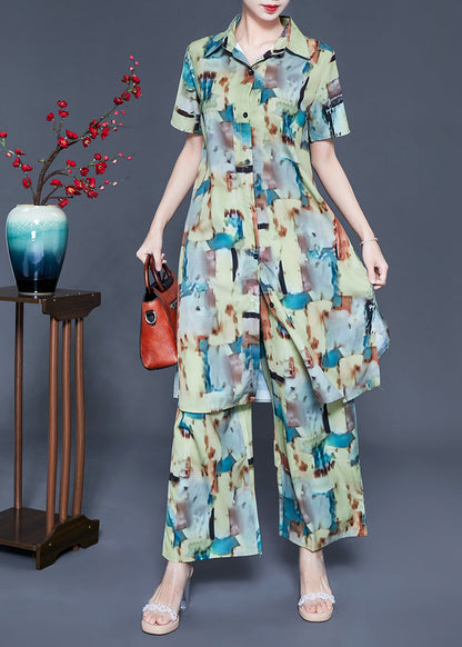 Loose Peter Pan Collar Print Silk Long Shirt and Straight Pants Two Piece Set Summer