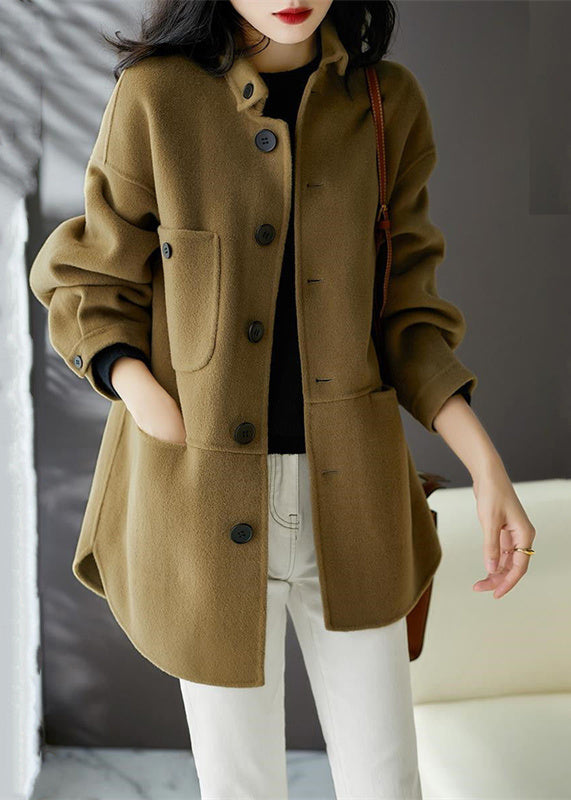 Loose Earthy Yellow Button Pockets Patchwork Woolen Coats Fall