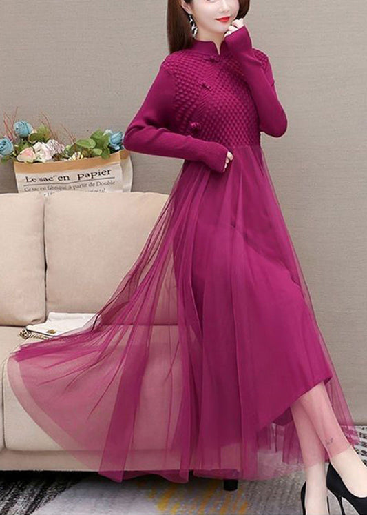 Rose Chinese Button Patchwork Silm Fit Knit Dress Spring