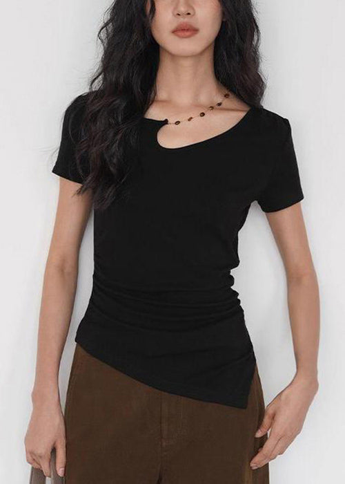 Black Asymmetrical Cotton T Shirt Summer