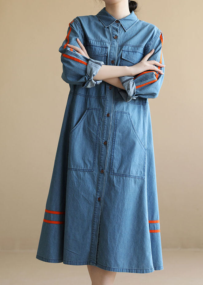 Denim Blue Pockets Patchwork Tie Waist Cotton Long Dress Long Sleeve