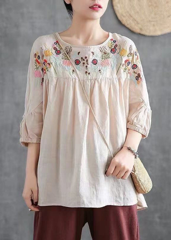 Loose Navy O-neck Embroideried Cotton T Shirt Half Sleeve