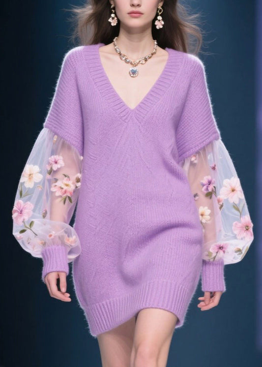 Purple V Neck Patchwork Tulle Knit Sweater Dress Winter