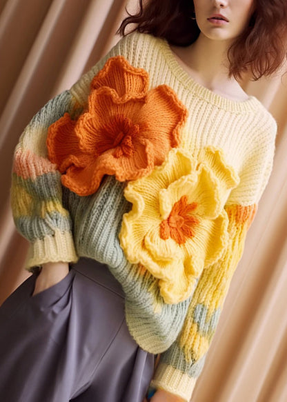 Unique Apricot Patchwork Cozy Cotton Knit Sweaters Long Sleeve