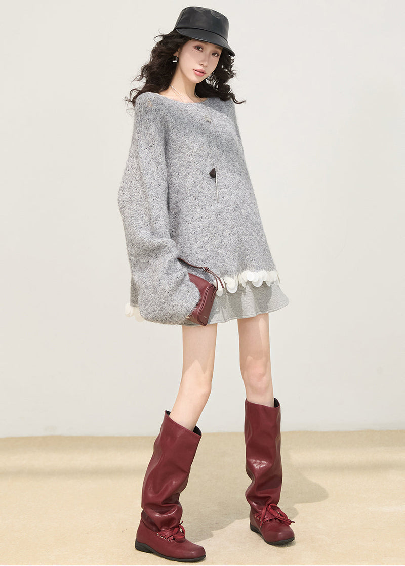 Grey Oversized Patchwork Knit Sweaters Winter