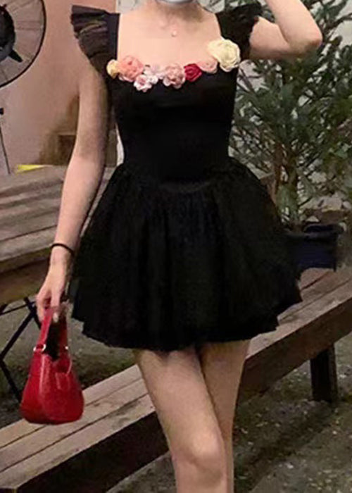 Black Square Collar Cotton Mid Dress Summer