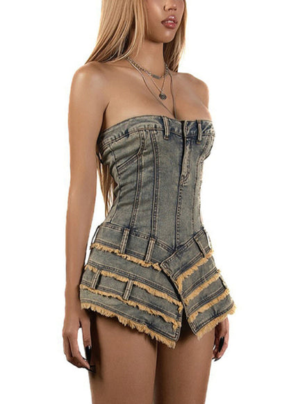 French Asymmetrical Strapless Denim Mini Dresses Sleeveless