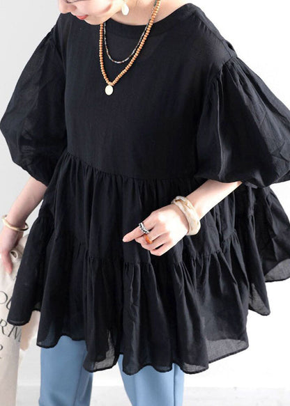 Black O Neck Wrinkled Patchwork Cotton Shirt Top Lantern Sleeve