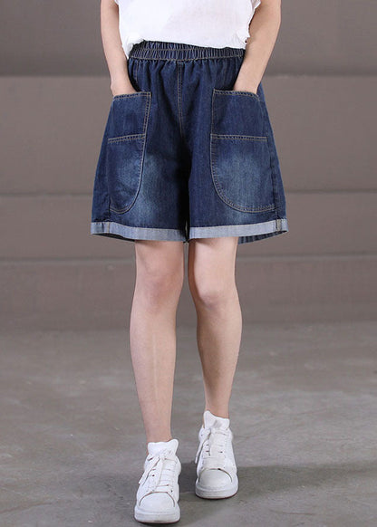 Denim Blue Elastic Waist Pockets Cotton Wide Leg Shorts Summer