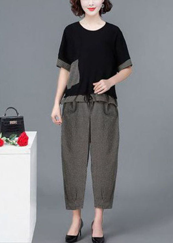 Black Plaid Patchwork Linen Tanks and Harem Pants Two Piece Set Clothing Drawstring Short Sleeve