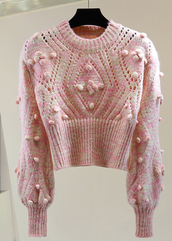Pink Embroidered Hollow Out Cotton Knit Sweater Winter