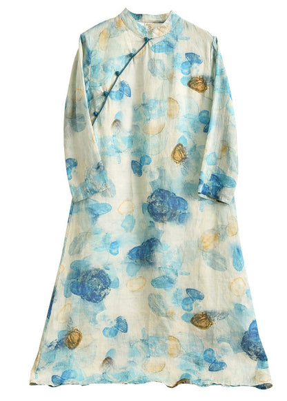 Blue Print Button Patchwork Linen Dress Bracelet Sleeve