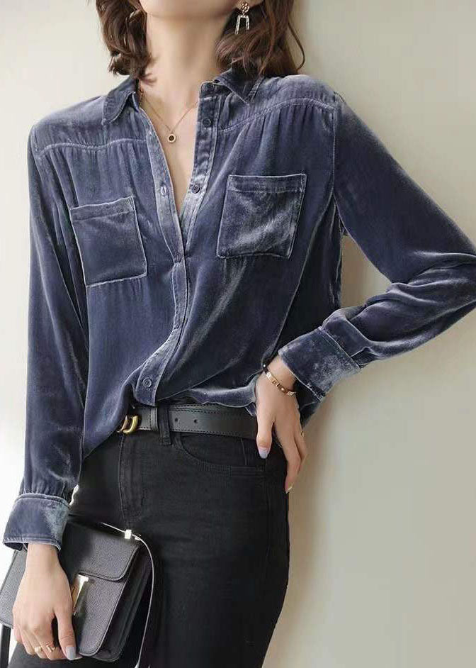 Blue Patchwork Silk Velour Shirt Tops Peter Pan Collar Long Sleeve