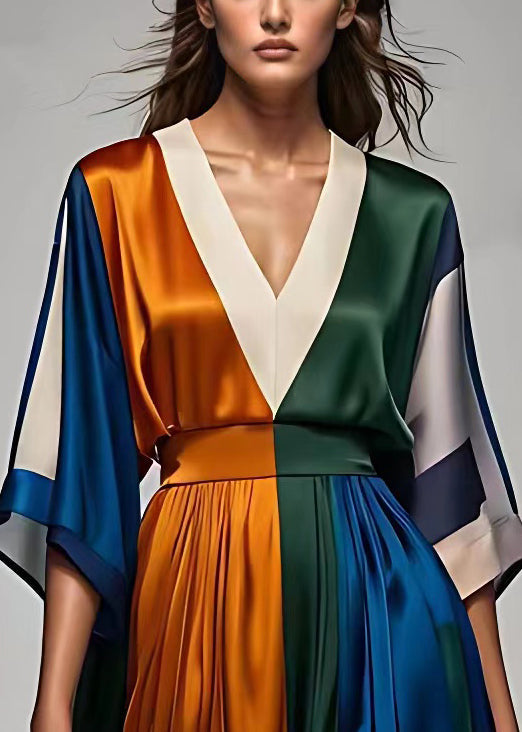Italian V Neck High Waist Patchwork Silk Maxi Dress Half Sleeve (ships in 24hrs)
