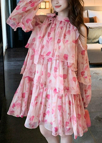 Pink Cold Shoulder Print Chiffon Mid Dress Summer