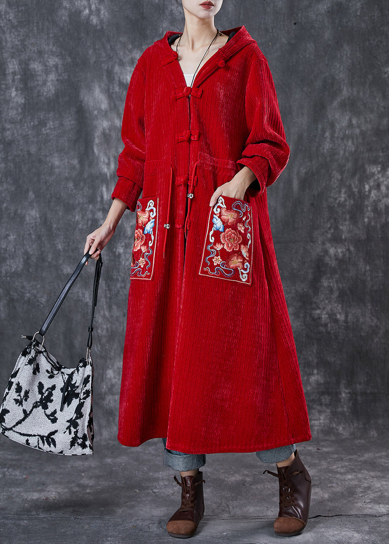 Red Oriental Warm Fleece Corduroy Trench Coat Embroideried Winter