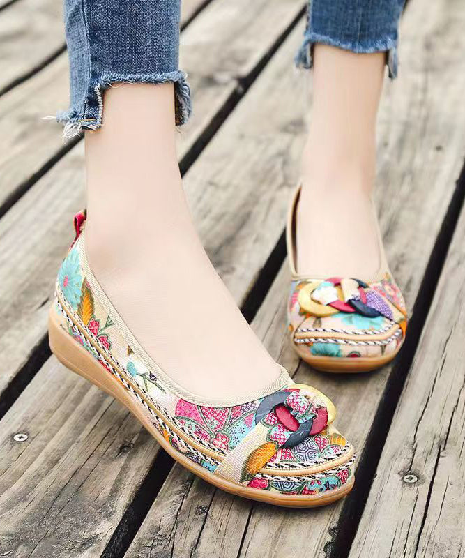 Black Cotton Fabric Print Splicing Wedge Heels