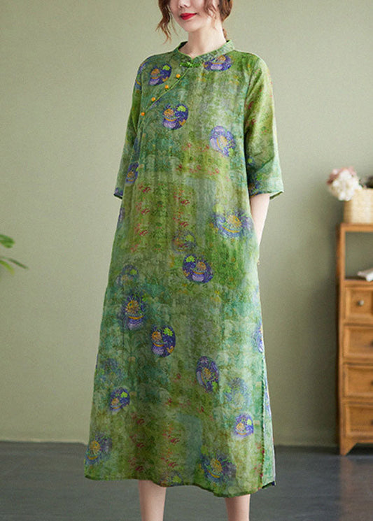 Green Stand Collar Print Side Open Cotton Linen Cheongsam Dress Half Sleeve