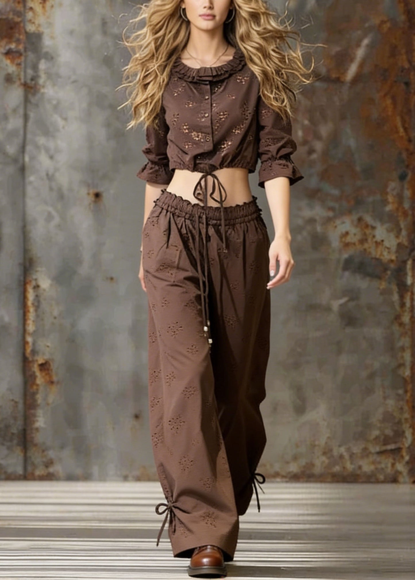 Coffee Lace Up Ruffled Cotton Two Pieces Set Spring