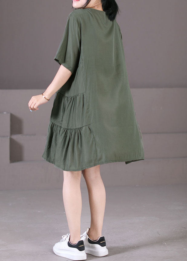 Boutique Army Green O-neck Wrinkled Patchwork Cotton Mid Dresses Short Sleeve