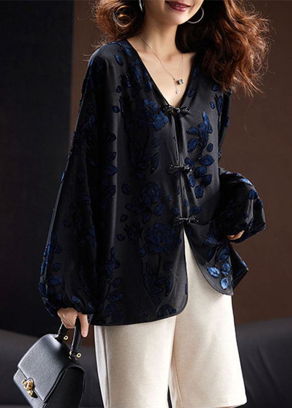 Black V Neck Embroideried Velour Shirt Fall