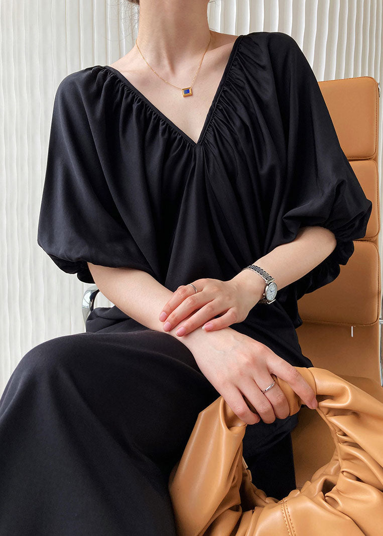 Black V Neck Cold Shoulder Wrinkled Cotton Holiday Dress Summer