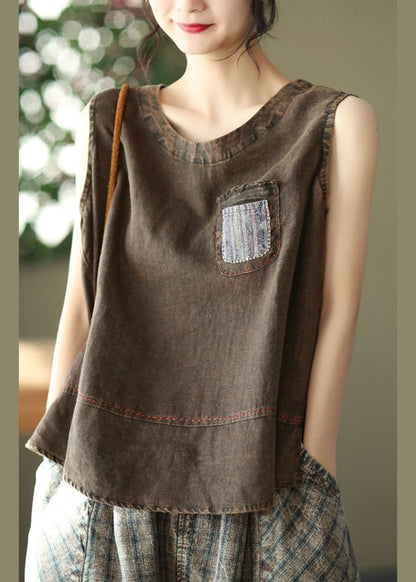 French Chocolate O-neck Patchwork Linen Tank Tops Sleeveless
